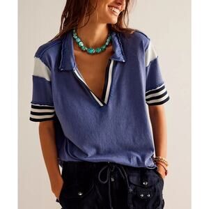 Free People We The Free Be Kind Tee V Neck Striped Polo Blouse Tunic Top M BZ